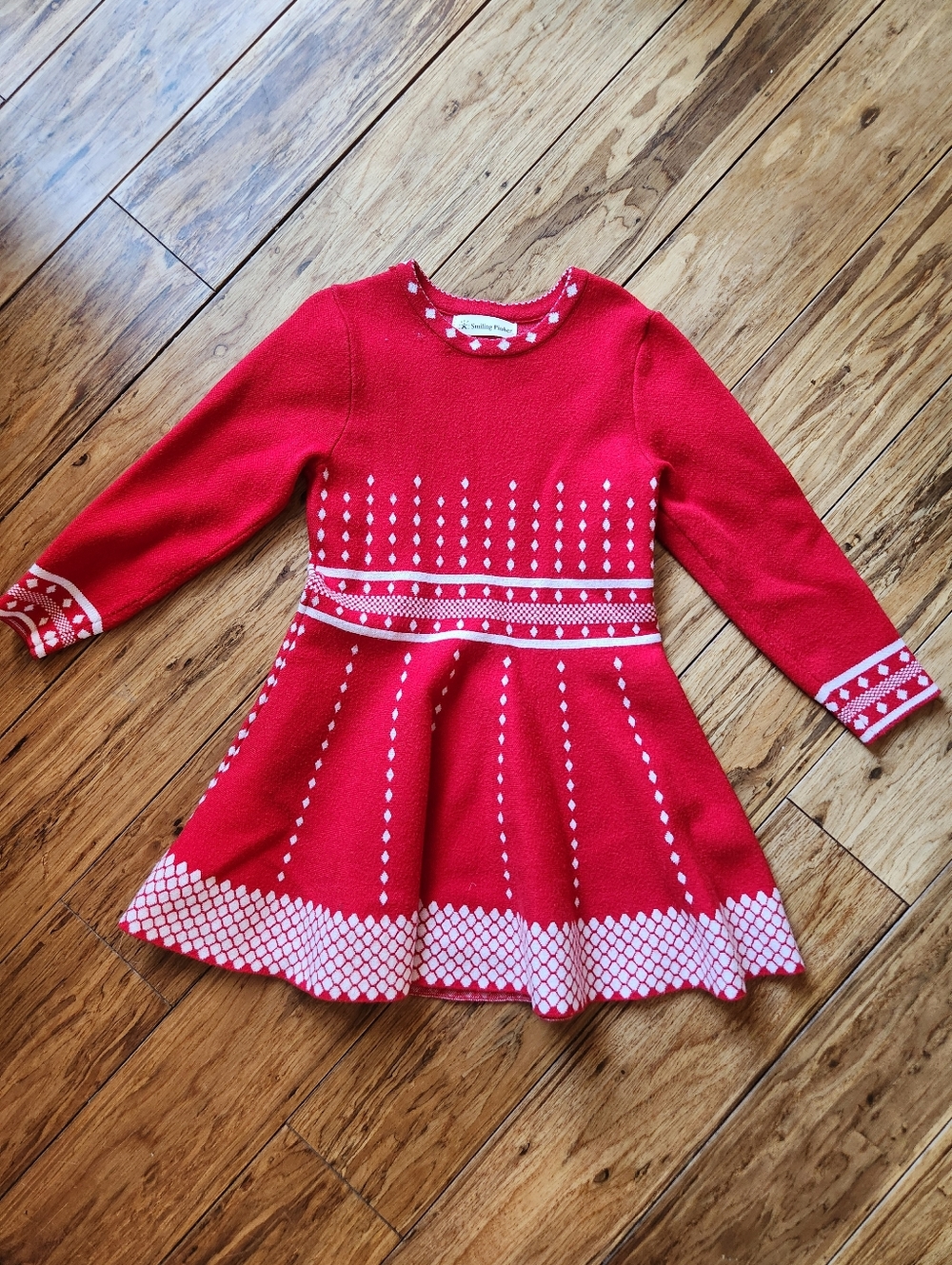 Smiling Punker Dress 6-7T Red Knit Sweater Dress with White Fair Isle Pattern